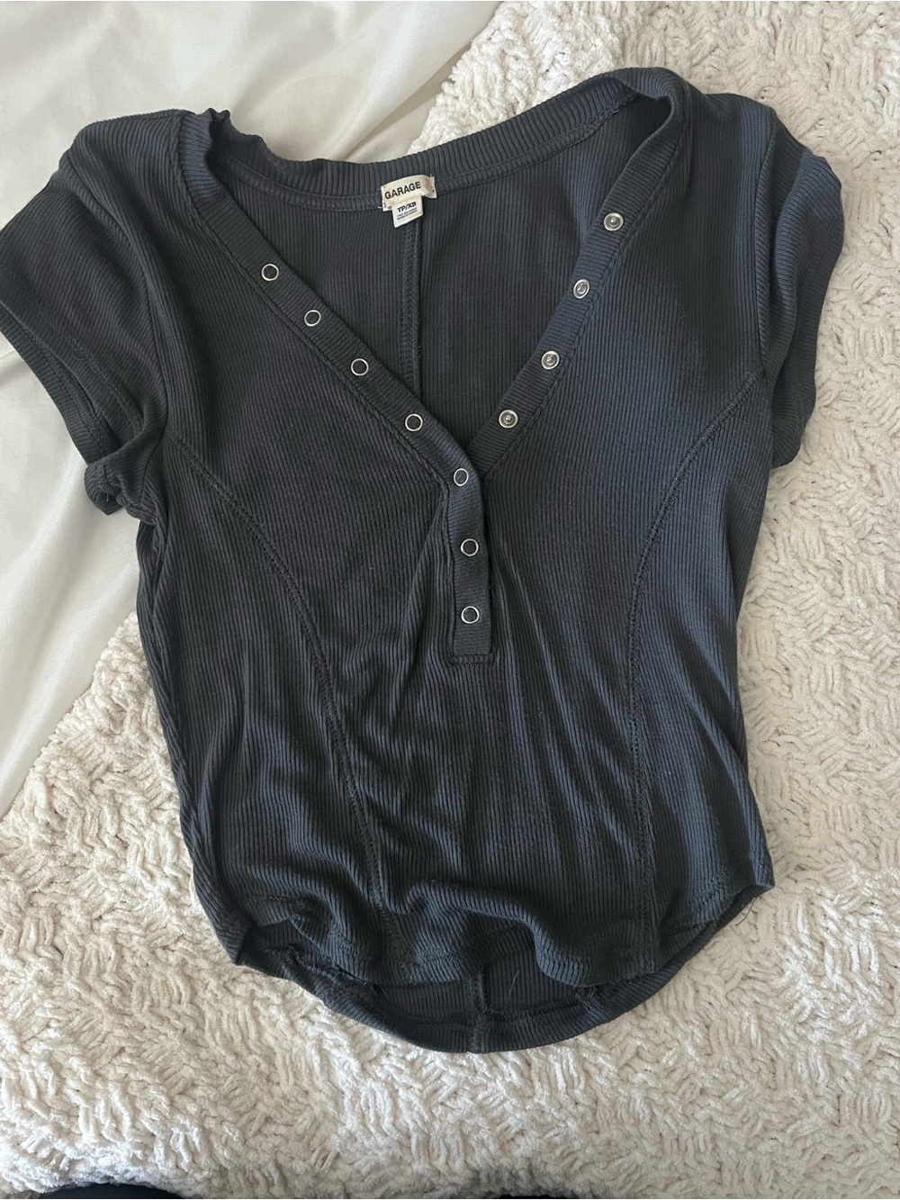 Garage Black Ribbed Snap-Front Short Sleeve Top